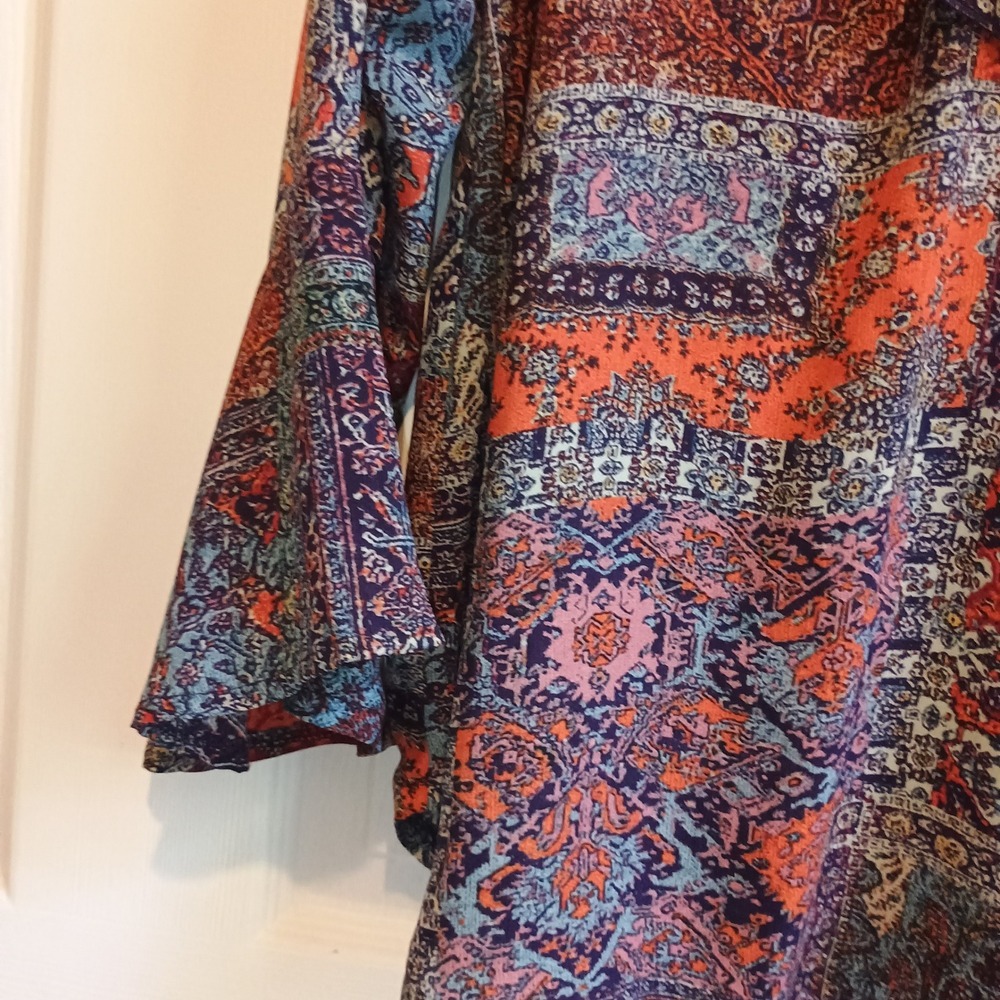New Directions L Orange Print‎ Blouse Ruffle Neck Bell Sleeve Boho Bohemian Top - Picture 6 of 9